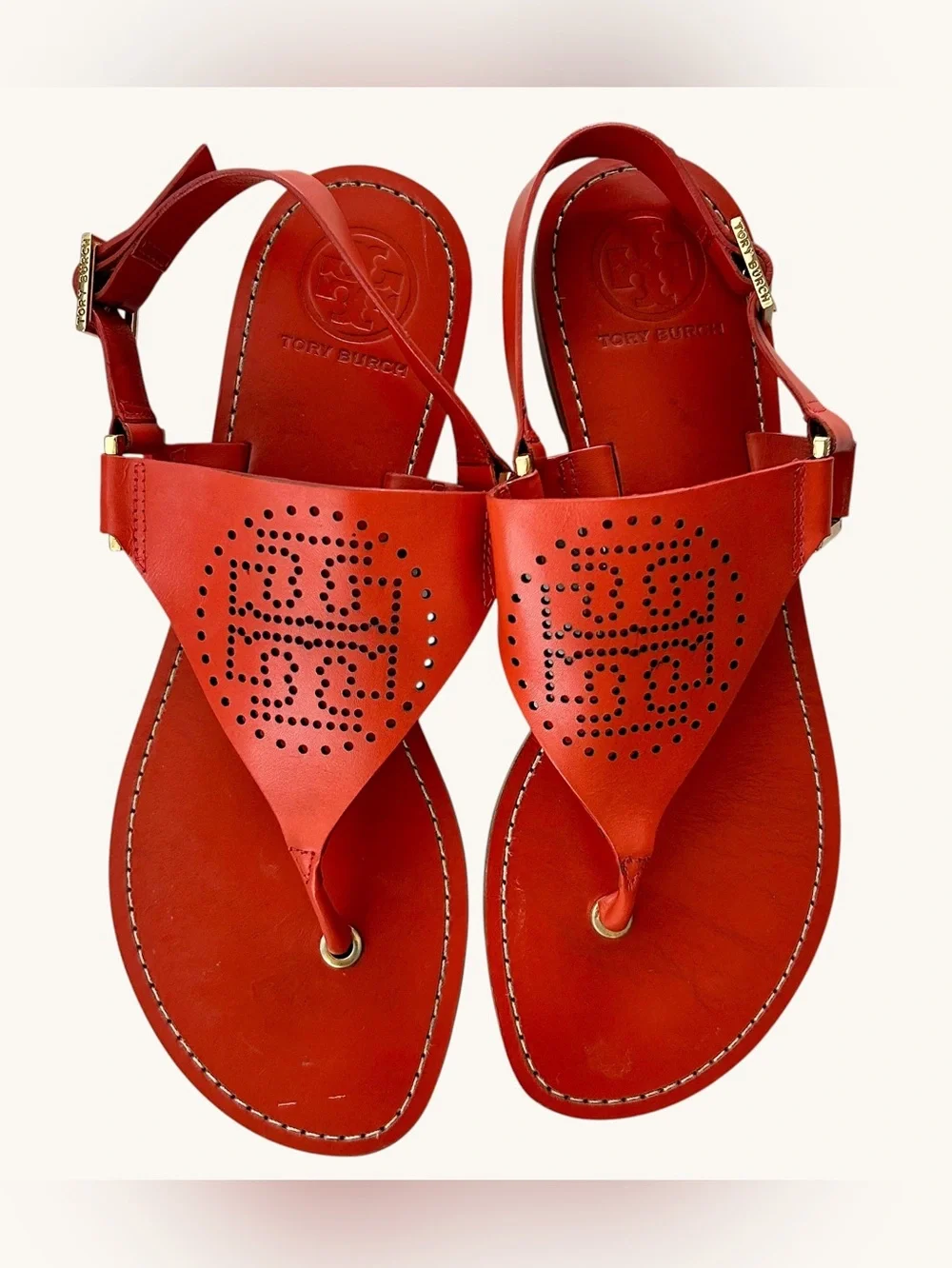 Tory Burch Daniela Sandals 8.5 Orange Leather Perforated Logo Thong Sandals